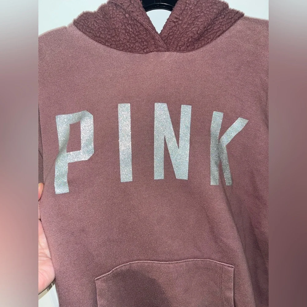 Victorias Secret Pink Medium Rose Pink Hoodie Sweatshirt Glitter Font Sherpa Top - Picture 6 of 16